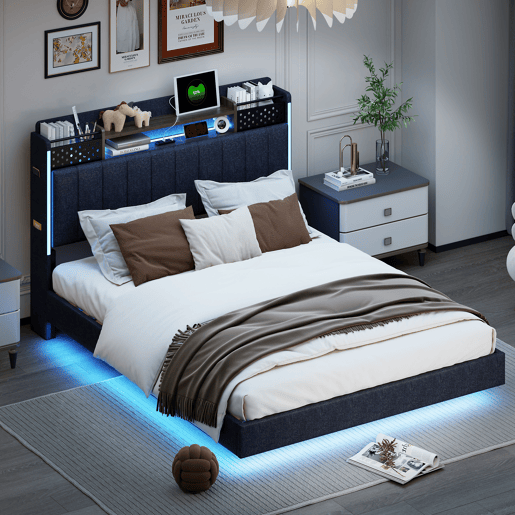 Cama em tecido de linho 140x200 cm - com tomada USB e estrado - Cinzento