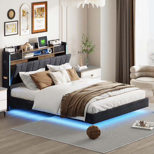 Cama em tecido de linho 140x200 cm - com tomada USB e estrado - Cinzento