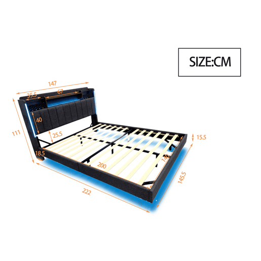 Cama em tecido de linho 140x200 cm - com tomada USB e estrado - Cinzento