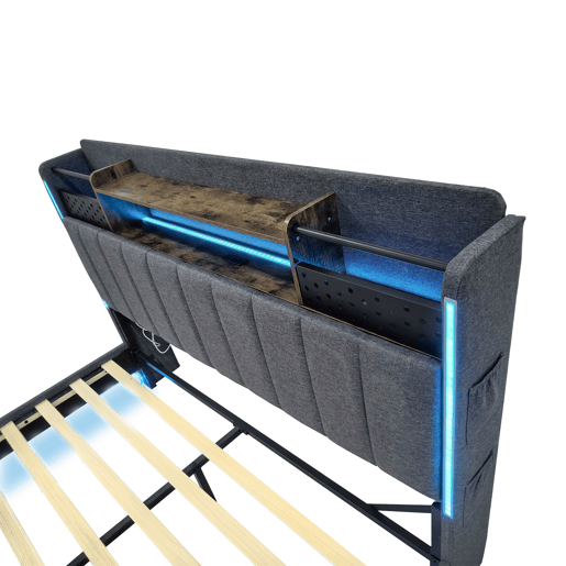 Cama em tecido de linho 140x200 cm - com tomada USB e estrado - Cinzento