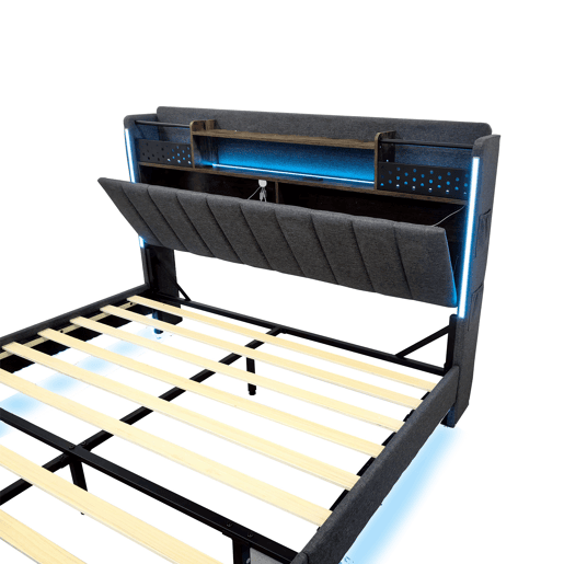 Cama em tecido de linho 140x200 cm - com tomada USB e estrado - Cinzento