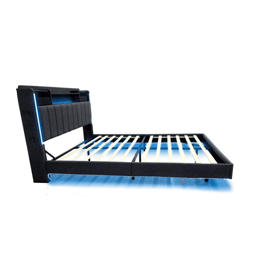 Cama em tecido de linho 140x200 cm - com tomada USB e estrado - Cinzento