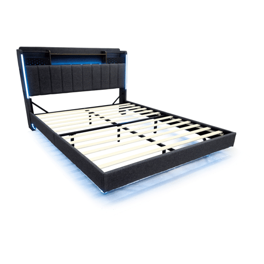 Cama em tecido de linho 140x200 cm - com tomada USB e estrado - Cinzento