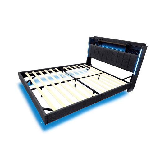 Cama em tecido de linho 140x200 cm - com tomada USB e estrado - Cinzento