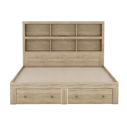 Cama de madeira maciça 160x200 cm com gavetas e cabeceira com arrumação - com estrado de ripas - Natural
