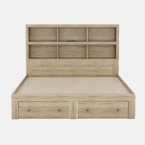 Cama de madeira maciça 160x200 cm com gavetas e cabeceira com arrumação - com estrado de ripas - Natural