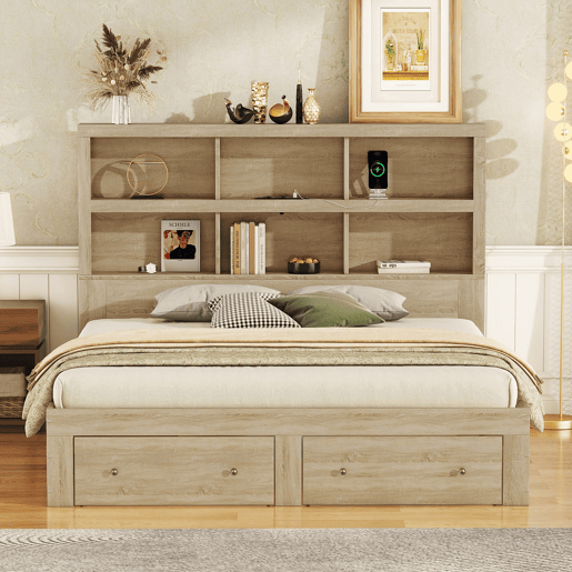 Cama de madeira maciça 160x200 cm com gavetas e cabeceira com arrumação - com estrado de ripas - Natural