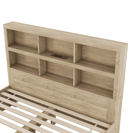 Cama de madeira maciça 160x200 cm com gavetas e cabeceira com arrumação - com estrado de ripas - Natural