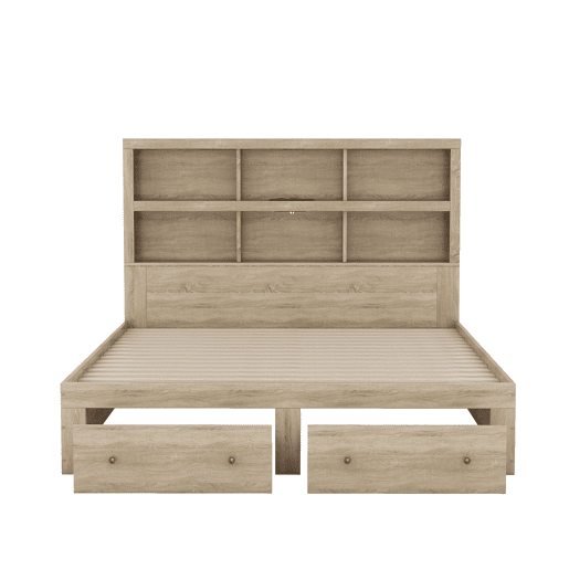 Cama de madeira maciça 160x200 cm com gavetas e cabeceira com arrumação - com estrado de ripas - Natural