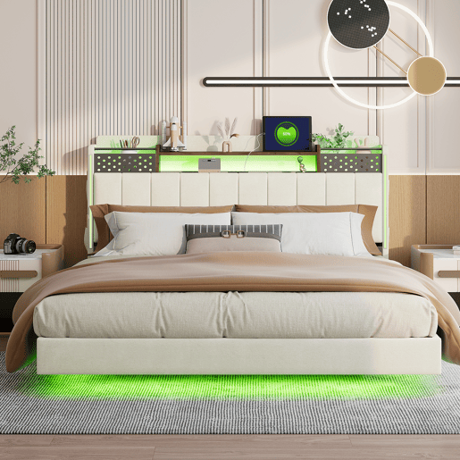 Cama em tecido de linho 160x200 cm - com tomada USB e estrado - Bege