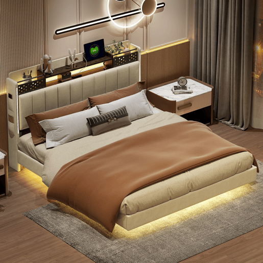 Cama em tecido de linho 160x200 cm - com tomada USB e estrado - Bege