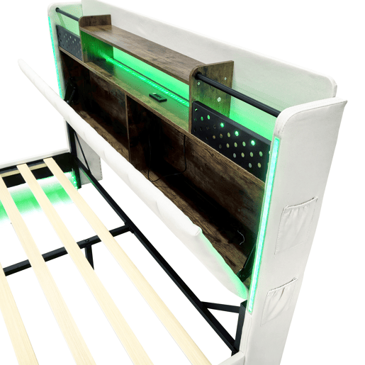 Cama em tecido de linho 160x200 cm - com tomada USB e estrado - Bege