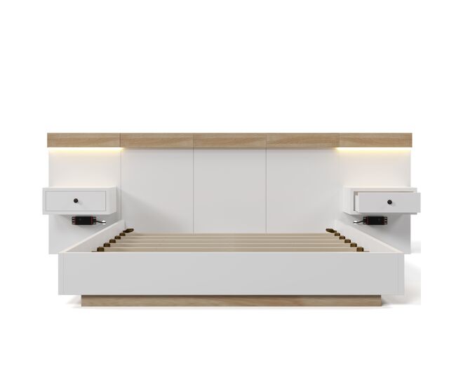 Cama para adultos 160x200 cm con mesitas de noche colgantes + puertos led y usb + somier - madera - blanco