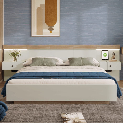 Cama de adulto 160x200 cm com mesas de cabeceira suspensas + portas LED e USB + estrado - madeira - branco