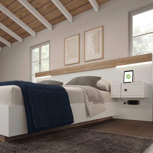 Cama de adulto 160x200 cm com mesas de cabeceira suspensas + portas LED e USB + estrado - madeira - branco