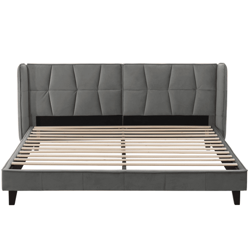 Cama de casal estofada em veludo - 180x200cm - com estrado de molas - Cinzento
