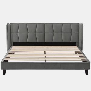 Cama de casal estofada em veludo - 180x200cm - com estrado de molas - Cinzento