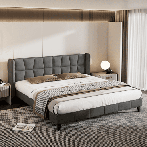 Cama de casal estofada em veludo - 180x200cm - com estrado de molas - Cinzento