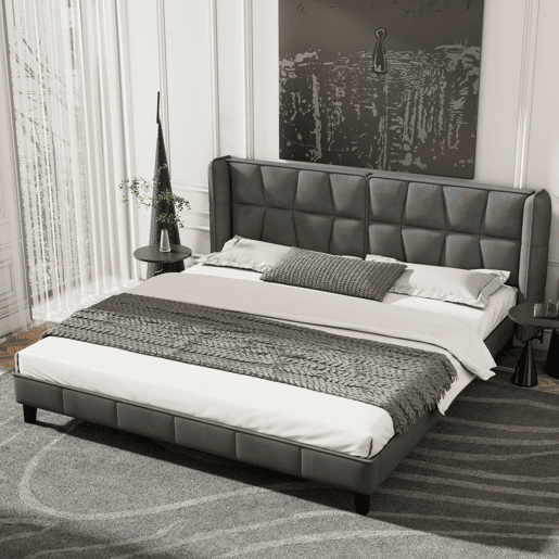 Cama de casal estofada em veludo - 180x200cm - com estrado de molas - Cinzento