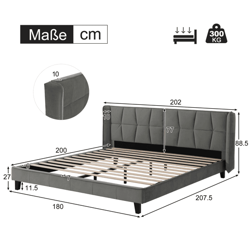 Cama de casal estofada em veludo - 180x200cm - com estrado de molas - Cinzento