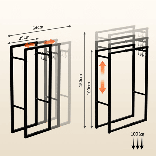 Outsunny Suporte para Lenha Extensível Suporte para Lenha Metálico com 4 Ganchos Carga Máxima 100 kg para Interior e Exterior 40-65x25x100-150 cm Preto