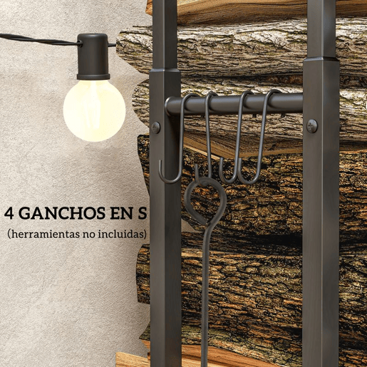 Outsunny Suporte para Lenha Extensível Suporte para Lenha Metálico com 4 Ganchos Carga Máxima 100 kg para Interior e Exterior 40-65x25x100-150 cm Preto