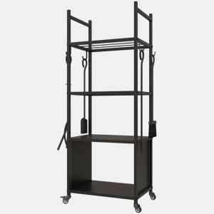 Outsunny Suporte para Lenha com Rodas Suporte para Lenha de 4 Níveis Estante para Lenha com Pá Escova Atiçador e Tenaz para Interior e Exterior 45x30x118 cm Preto