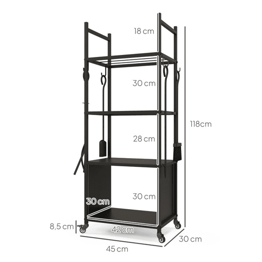 Outsunny Suporte para Lenha com Rodas Suporte para Lenha de 4 Níveis Estante para Lenha com Pá Escova Atiçador e Tenaz para Interior e Exterior 45x30x118 cm Preto Outsunny Suporte para Lenha com Rodas Suporte para Lenha de 4 Níveis Estante para Lenha com Pá Escova Atiçador e Tenaz para Interior e Exterior 45x30x118 cm Preto