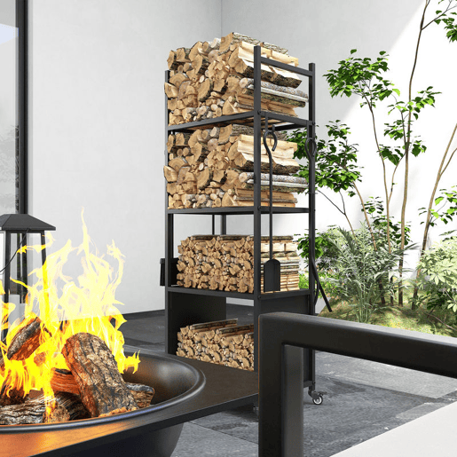 Outsunny Suporte para Lenha com Rodas Suporte para Lenha de 4 Níveis Estante para Lenha com Pá Escova Atiçador e Tenaz para Interior e Exterior 45x30x118 cm Preto Outsunny Suporte para Lenha com Rodas Suporte para Lenha de 4 Níveis Estante para Lenha com Pá Escova Atiçador e Tenaz para Interior e Exterior 45x30x118 cm Preto