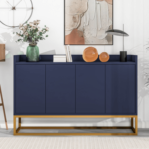 Aparador com 4 portas sem puxador - estilo contemporâneo - madeira + metal - azul