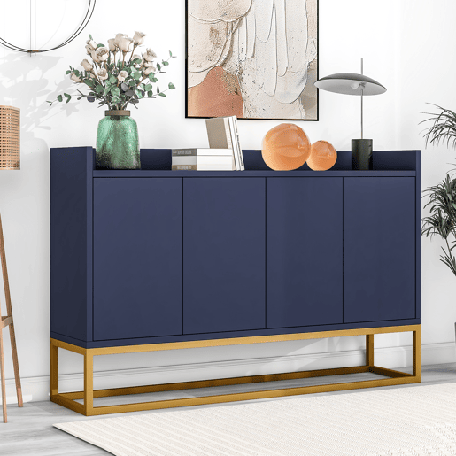 Aparador com 4 portas sem puxador - estilo contemporâneo - madeira + metal - azul