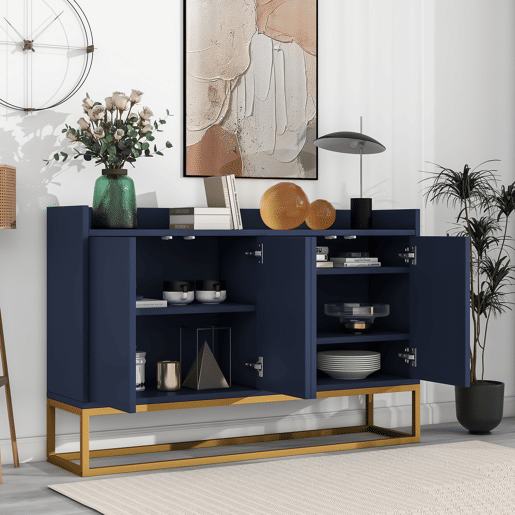 Aparador com 4 portas sem puxador - estilo contemporâneo - madeira + metal - azul
