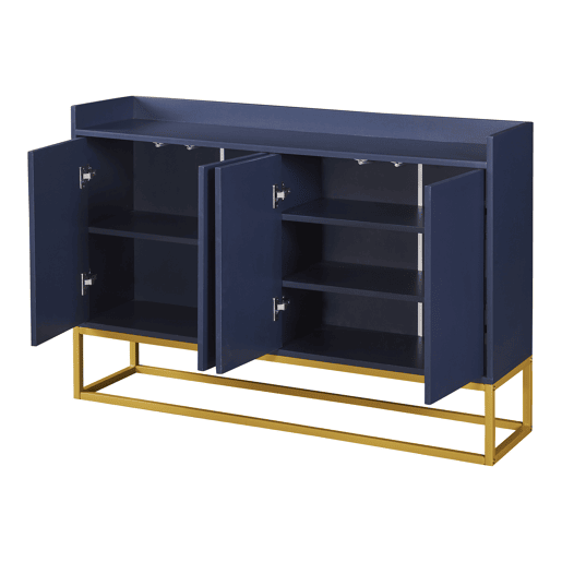 Aparador com 4 portas sem puxador - estilo contemporâneo - madeira + metal - azul