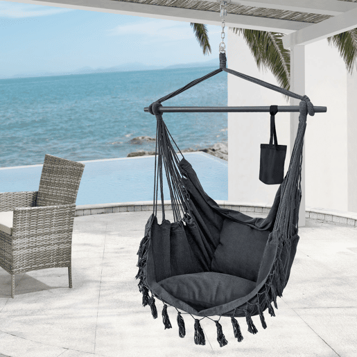 Cadeira suspensa Aranga com cordas e 2 almofadas 150 x 120 x 170 cm cinzento escuro en.casa