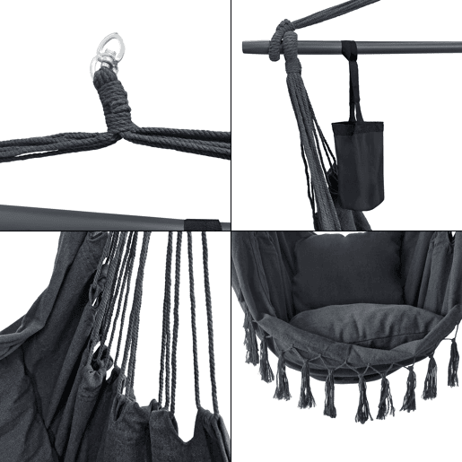 Cadeira suspensa Aranga com cordas e 2 almofadas 150 x 120 x 170 cm cinzento escuro en.casa