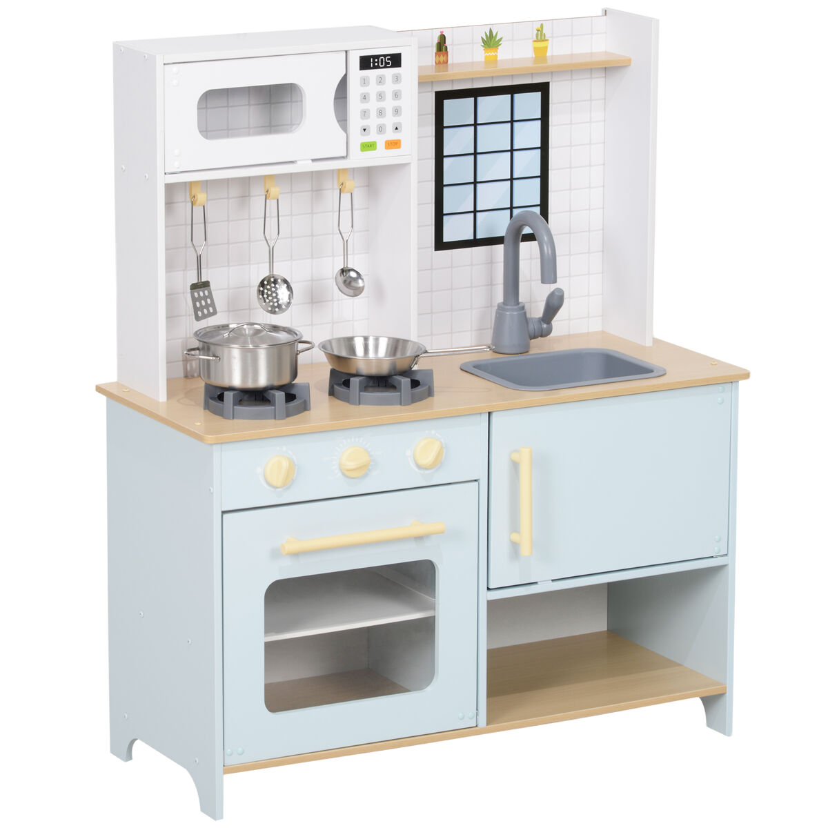 Aiyaplay cocina de juguete para niños +3 años cocina de madera infantil cocinita infantil con sonido fogón horno grifo fregadero microondas y accesorios de cocina azul