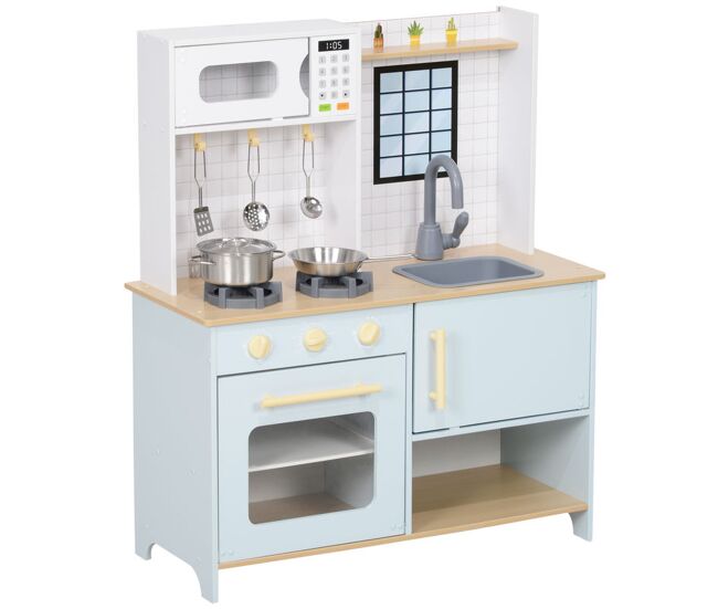 Aiyaplay cocina de juguete para niños +3 años cocina de madera infantil cocinita infantil con sonido fogón horno grifo fregadero microondas y accesorios de cocina azul