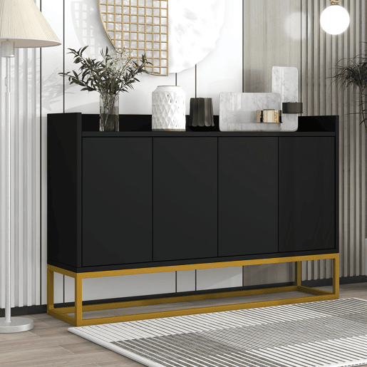 Aparador com 4 portas sem puxadores - estilo contemporâneo - madeira + metal - preto