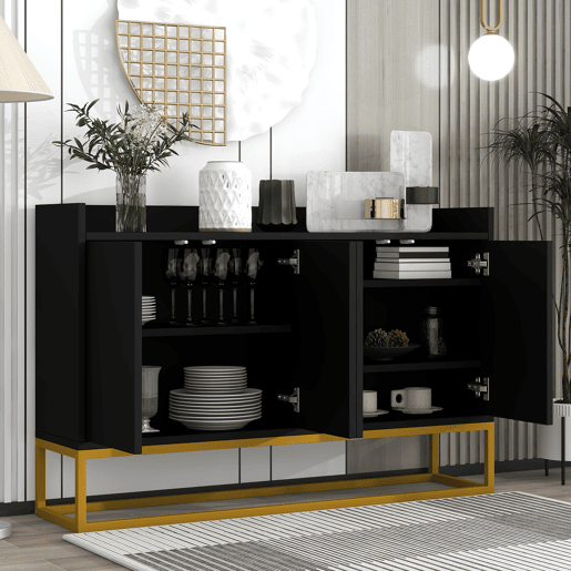 Aparador com 4 portas sem puxadores - estilo contemporâneo - madeira + metal - preto
