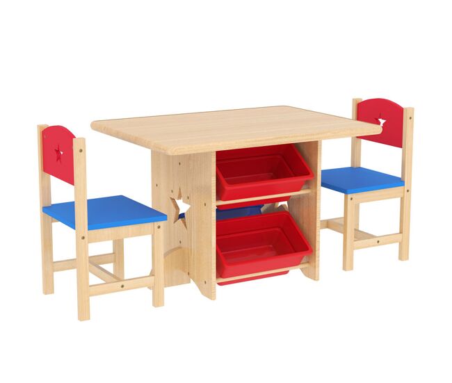 Aiyaplay mesa y sillas infantiles de 3 piezas mesa infantil con 2 sillas y 4 cestas de almacenamiento juego de muebles para actividades para niños de +3 años para sala de juegos natural