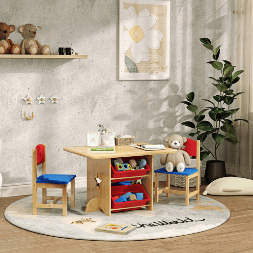 AIYAPLAY Mesa e Cadeiras para Crianças de 3 Peças Mesa Infantil com 2 Cadeiras e 4 Cestos de Arrumação Conjunto de Móveis para Crianças acima de 3 Anos para Sala de Jogos Madeira