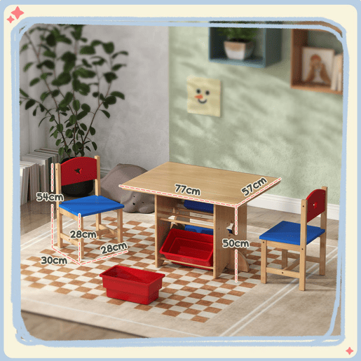 AIYAPLAY Mesa e Cadeiras para Crianças de 3 Peças Mesa Infantil com 2 Cadeiras e 4 Cestos de Arrumação Conjunto de Móveis para Crianças acima de 3 Anos para Sala de Jogos Madeira