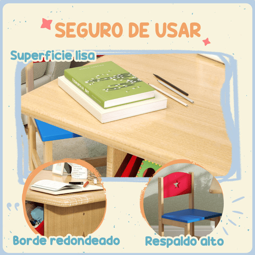 AIYAPLAY Mesa e Cadeiras para Crianças de 3 Peças Mesa Infantil com 2 Cadeiras e 4 Cestos de Arrumação Conjunto de Móveis para Crianças acima de 3 Anos para Sala de Jogos Madeira