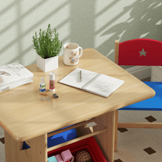 AIYAPLAY Mesa e Cadeiras para Crianças de 3 Peças Mesa Infantil com 2 Cadeiras e 4 Cestos de Arrumação Conjunto de Móveis para Crianças acima de 3 Anos para Sala de Jogos Madeira