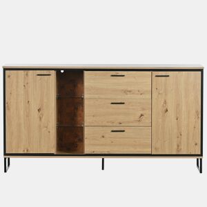 Aparador baixo com LED - 3 gavetas, 2 portas e 3 prateleiras - Natural