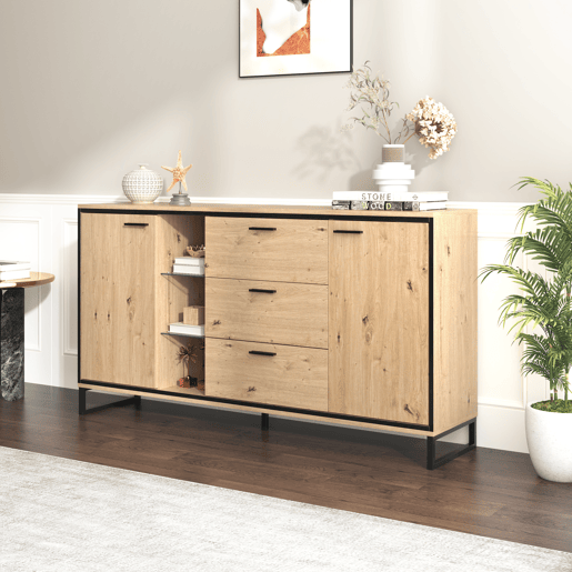 Aparador baixo com LED - 3 gavetas, 2 portas e 3 prateleiras - Natural