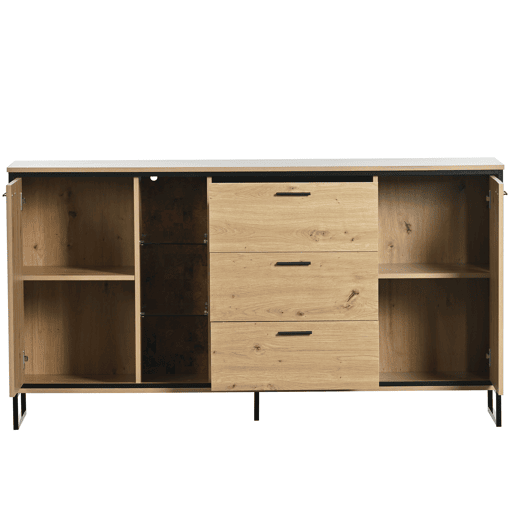 Aparador baixo com LED - 3 gavetas, 2 portas e 3 prateleiras - Natural