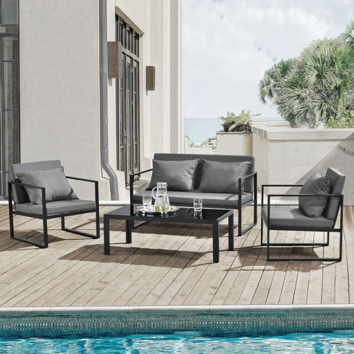 casa.pro Conjunto de mobiliário de jardim 2x cadeiras de jardim sofá mesa de café em vidro - Preto