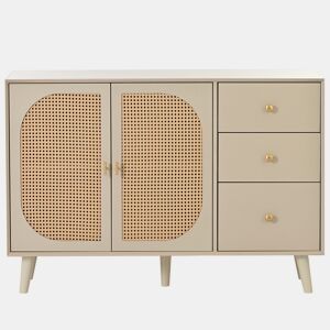 Aparador baixo com 2 portas e 3 gavetas - portas em rotim - Creme