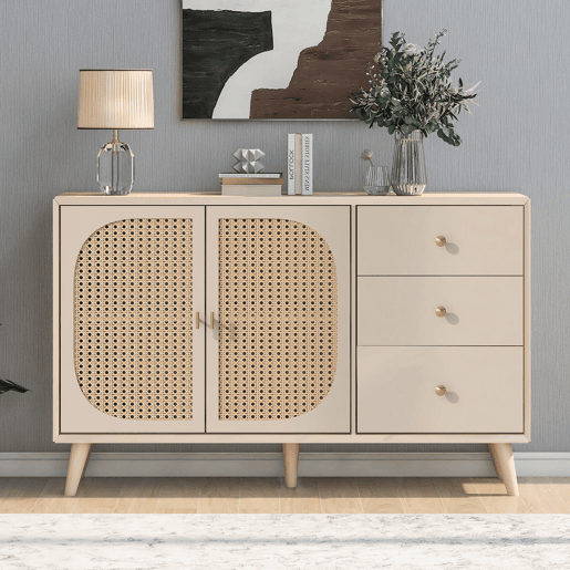 Aparador baixo com 2 portas e 3 gavetas - portas em rotim - Creme